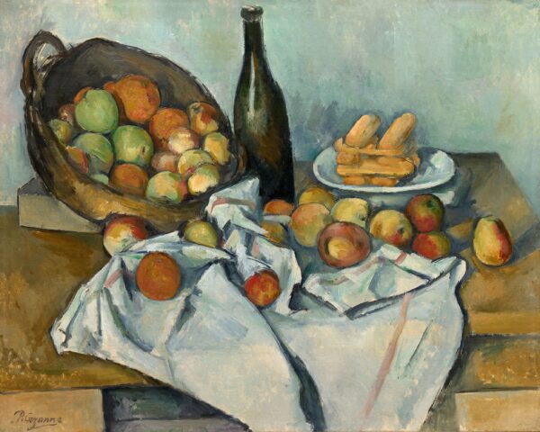 Tihožitje s košaro jabolk, steklenico in stolpičem piškotov, Paul Cézanne, 1893