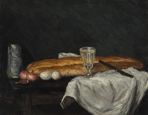 Paul Cézanne – Pane e uova. Natura morta scura con filone, uova, cipolle rosse, boccale e bicchiere, Paul Cézanne, 1865, quadro a olio su tela
