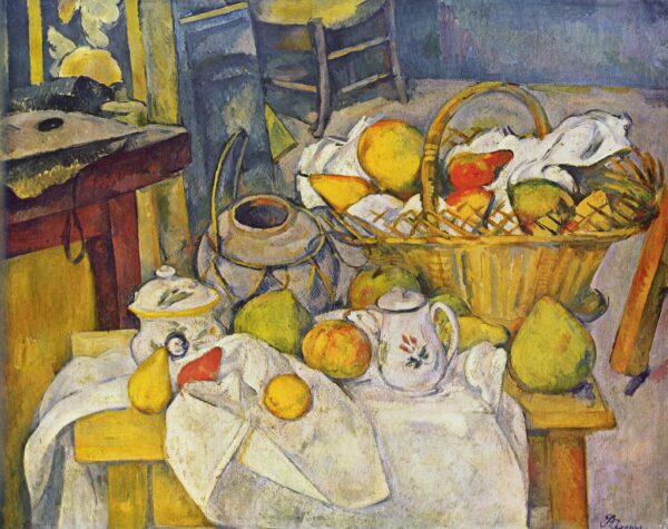 Kitchen table with a wicker basket of fruit, a ginger jar and a small jug, Paul Cézanne, 1888–1890