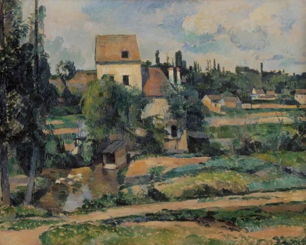 Paul Cézanne – Il mulino sulla Couleuvre a Pontoise. Un alto mulino dal tetto ocra ripido sta fra il verde lungo il ruscello; in basso a sinistra nuotano anatre bianche presso una capanna di legno, lungo il margine anteriore della tela corre una strada rosata, a destra si allineano i tetti del paese e una fila di pioppi, riproduzione dipinta a mano