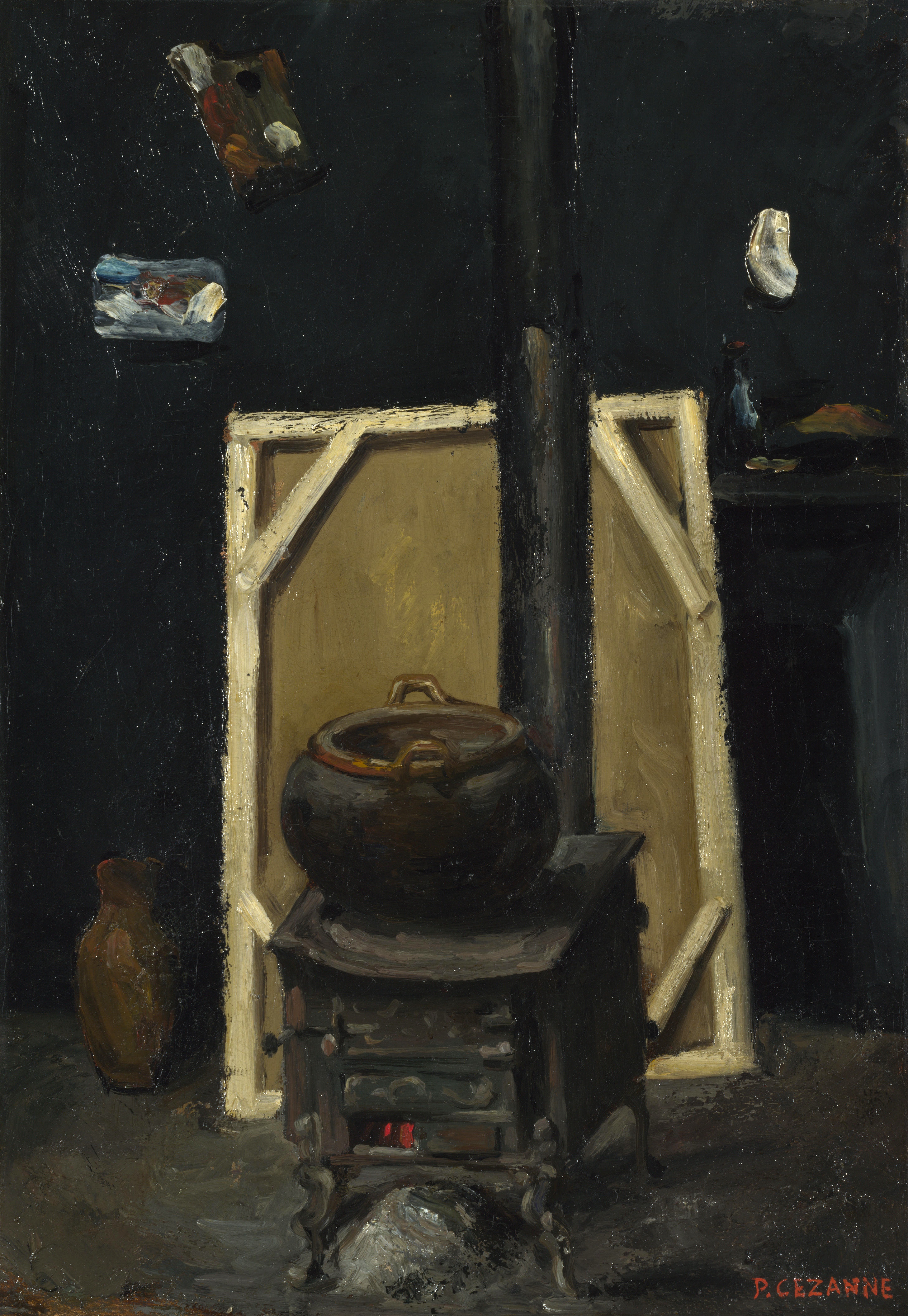 A cast-iron stove with glowing embers and a large pot, behind it two canvases turned back-to-front and an earthenware jug, Paul Cézanne, about 1865