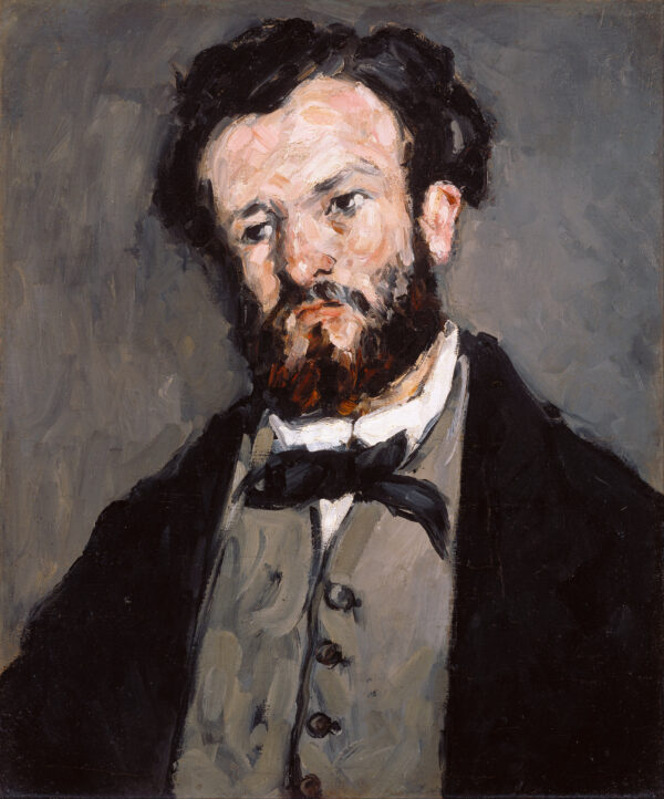 A man with dark hair and a reddish-brown beard in a black coat, grey waistcoat with buttons, white upright collar and black bow tie, before a grey-green wall, Paul Cézanne, 1869–1870