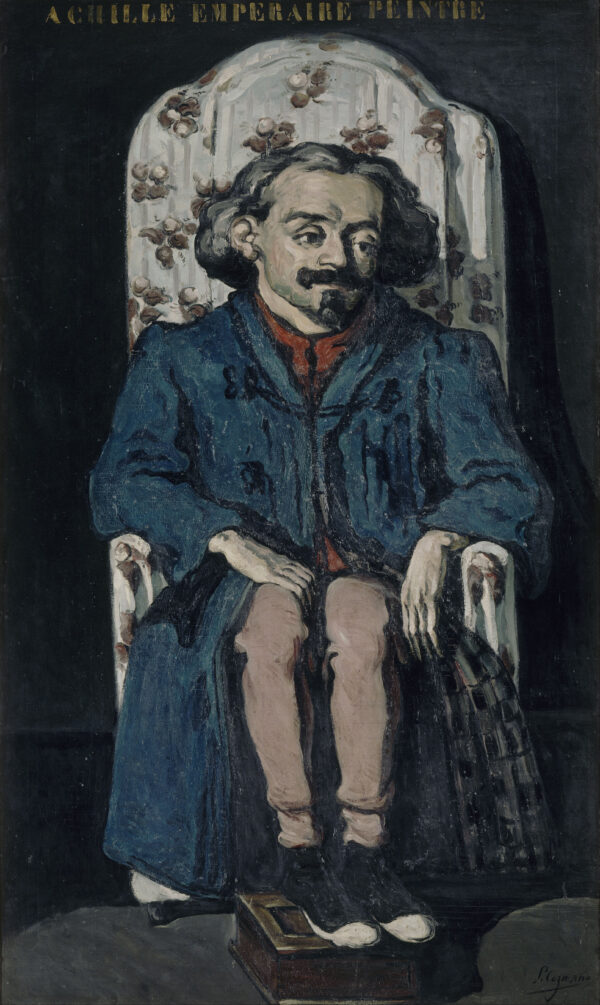 Un uomo in vestaglia blu siede in un'alta poltrona con fodera a fiori, i piedi su uno sgabello, in alto la scritta ACHILLE EMPERAIRE PEINTRE, Paul Cézanne, 1867-1868