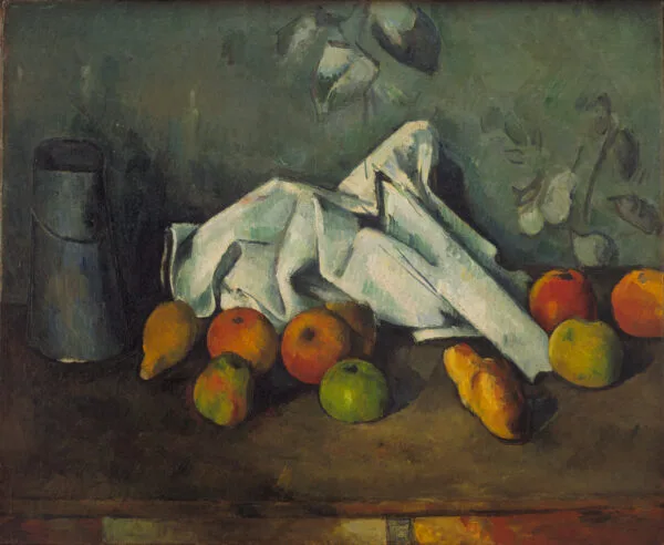 Paul Cézanne – Bidone del latte e mele. Alto bidone del latte grigio-azzurro, un tovagliolo bianco a pieghe rigide, mele e pere su un tavolo scuro, Paul Cézanne, 1879-1880, riproduzione su tela dipinta a mano