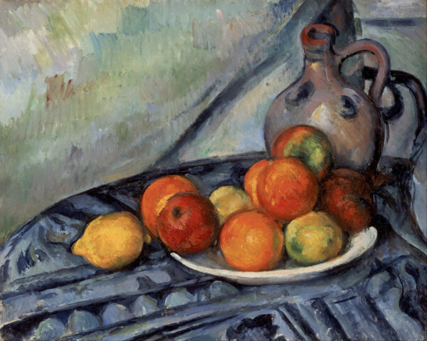 Apples, peaches and a lemon on a white dish beside a stoneware jug on blue patterned cloth, Paul Cézanne, 1893–1894
