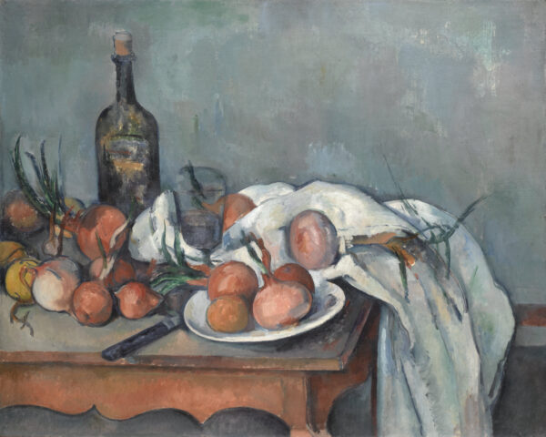 Tihožitje s čebulo, steklenico, kozarcem in nožem, Paul Cézanne, 1896–1898