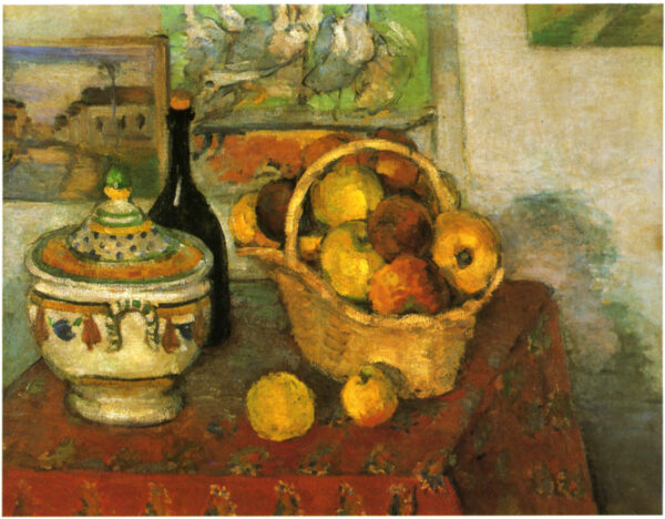 A decorated soup tureen, a dark bottle and a wicker basket of apples on a red flowered cloth, Paul Cézanne, 1877