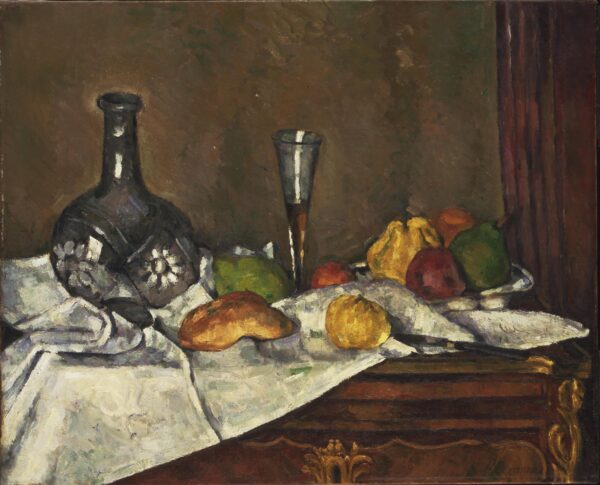 Stillleben mit Karaffe, Glas, Brot und Früchten auf einer geschnitzten Kommode, Paul Cézanne, 1877 oder 1879