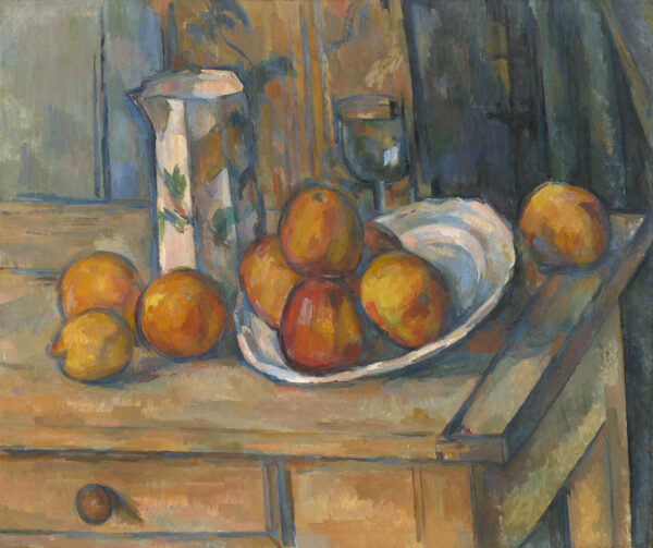 A tall milk jug, a glass and peaches on a white dish on a wooden table, Paul Cézanne, about 1900