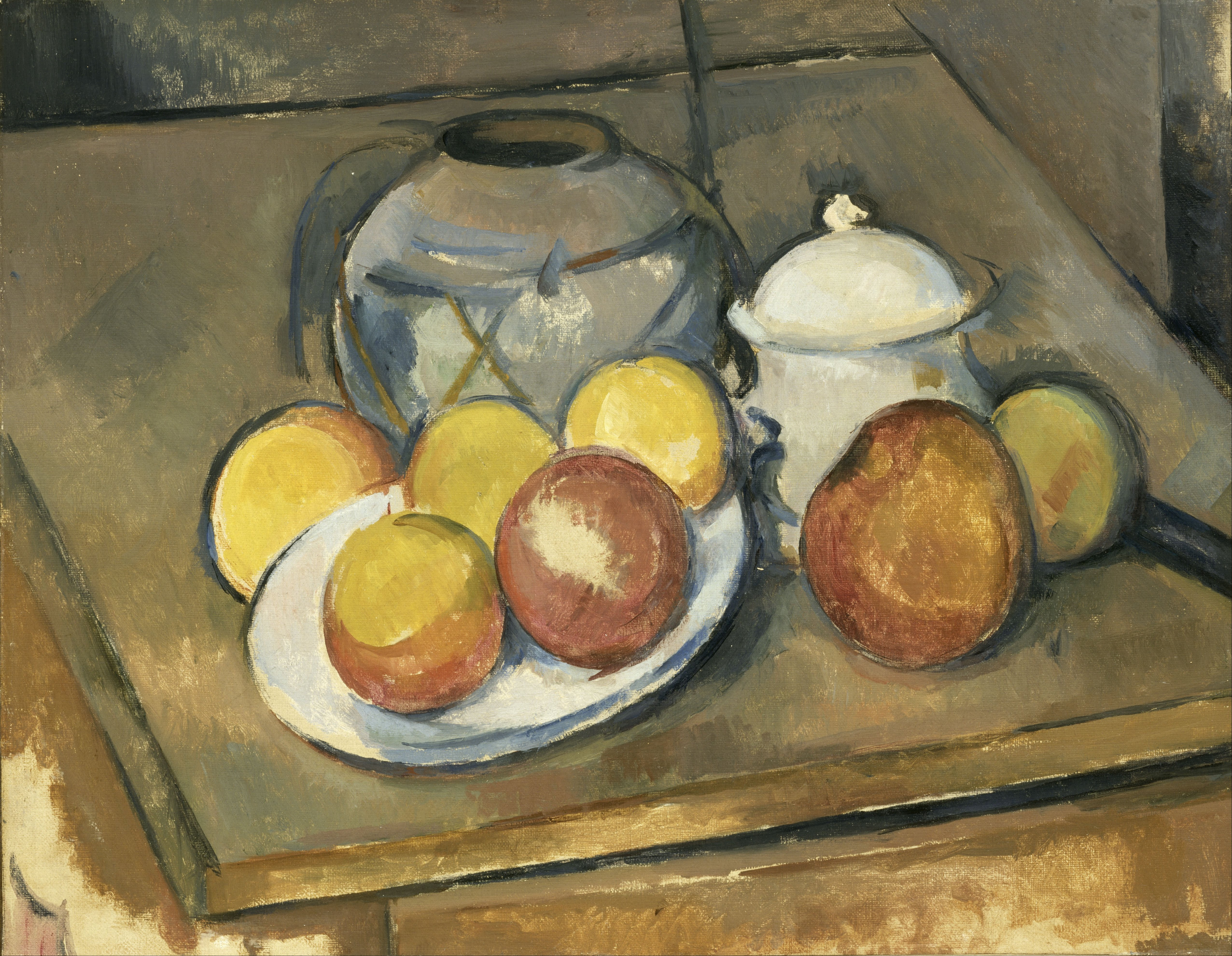 A straw-bound vase, a white sugar bowl and seven apples on a plate on a bare table, Paul Cézanne, 1890–1893