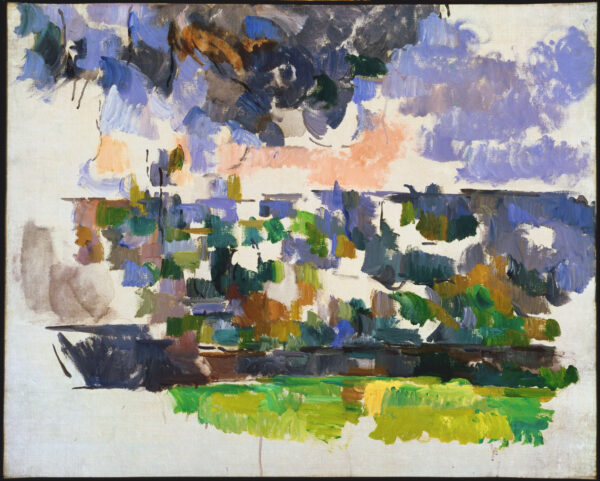 Redko poslikano platno: spodaj nizek zid v okrastih in zelenih potezah, nad njim zelene in modre lise drevja in neba, med potezami se ponekod vidi siva podlaga platna, Paul Cézanne, okoli 1906