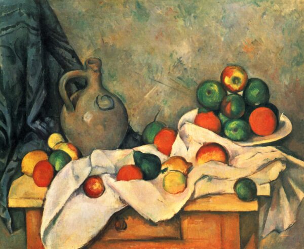 Natura morta con tenda, brocca e fruttiera, Paul Cézanne, 1893–1894