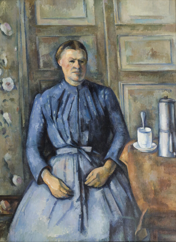 A seated woman in a blue belted dress, beside her a table with a cup, an upright spoon and a metal coffeepot, panelling behind, Paul Cézanne, about 1895