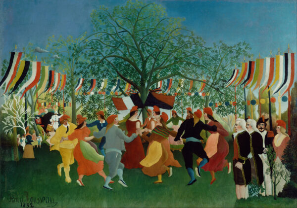 Ein Jahrhundert der Unabhängigkeit, Henri Rousseau 1892 – ein Reigen von Tanzenden unter einem Baum mit zwei gekreuzten Fahnen, gestreifte Banner an den Seiten, rechts vier Zuschauende