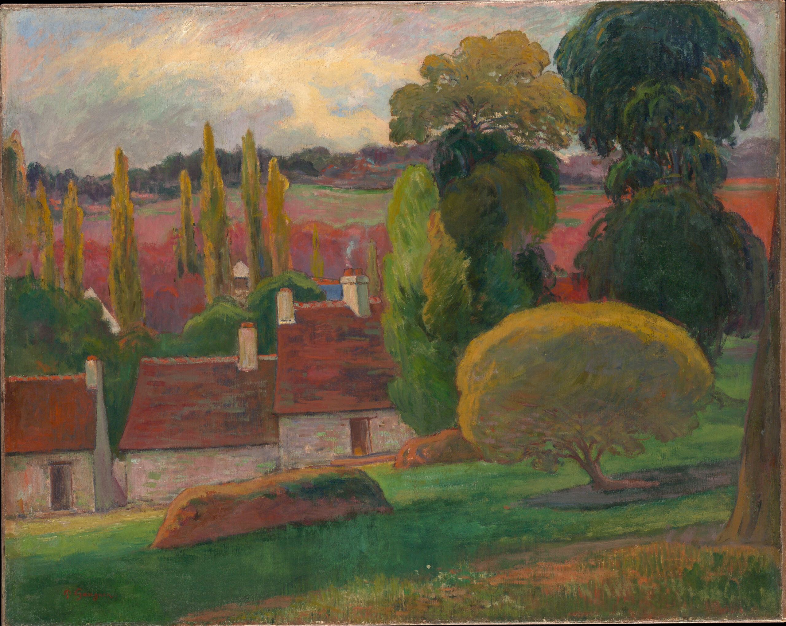 Paul Gauguin – Ein Bauernhof in der Bretagne, ein bretonischer Hof mit roten Dächern, Pappeln links, eine gelbe Krone rechts, rosa Felder dahinter, Gemäldereproduktion