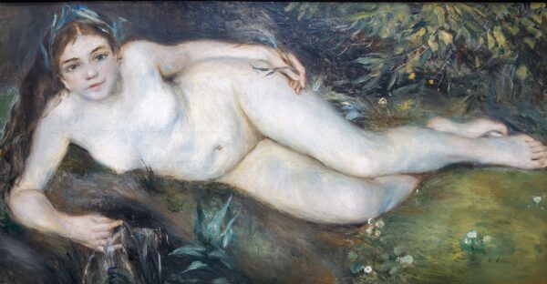 A Nymph by a Stream, reclining nude on a mossy bank with a blue ribbon in her hair – hand-painted oil reproduction of Renoir’s painting