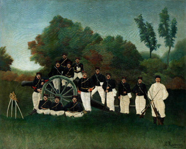 Henri Rousseau, Die Artilleristen, um 1893–1895 - eine Mannschaft in dunklen Röcken und weißen Hosen um ein Feldgeschütz mit großem Rad, rechts ein Mann in Weiß