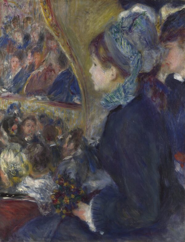 At the Theatre, a young woman in a dark blue coat in a theatre box with the audience behind – hand-painted oil reproduction of Renoir’s painting
