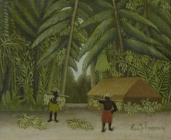 Henri Rousseau, Banana Harvest, 1910 - two figures carry bunches of green bananas on poles before a thatched hut, a dense palm grove around them