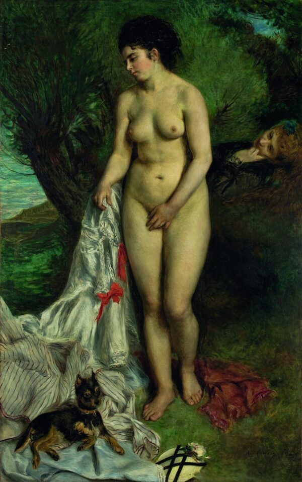 Bather with a Griffon Dog, standing nude holding a white chemise with a small dog on striped cloth – hand-painted oil reproduction of Renoir’s painting