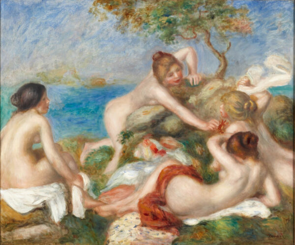 Bathers with a Crab, four nude figures on a rocky shore before the blue sea – hand-painted oil reproduction of Renoir’s painting