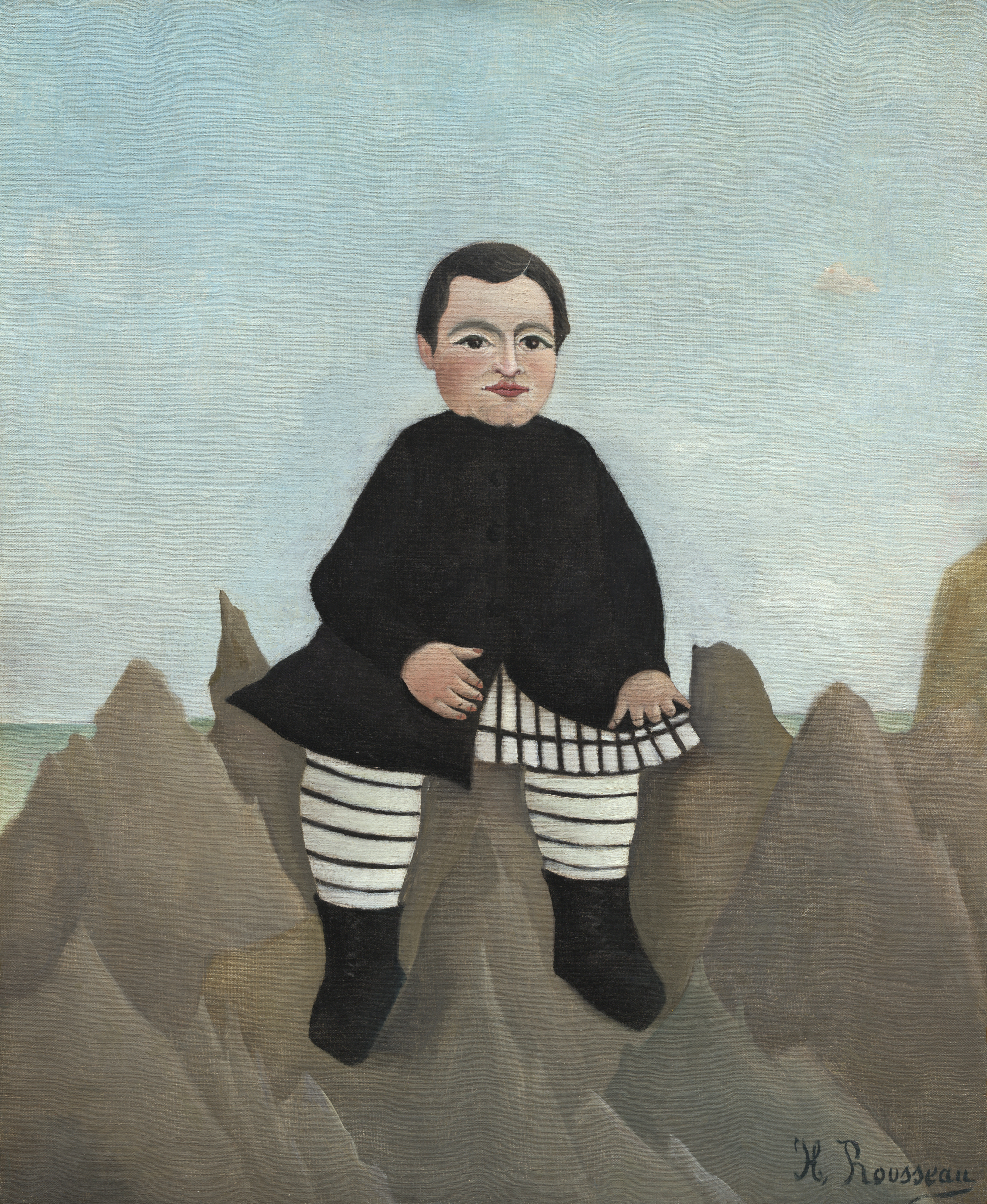 Henri Rousseau, Boy on the Rocks, 1895-1897 - a child in a black coat and black-and-white striped stockings sitting on grey rock peaks, a strip of sea at the left