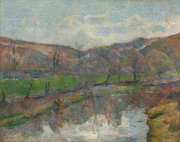 Paul Gauguin – Bretagne-i tájkép, tükröződésekkel teli folyó, csupasz fák és barna lejtők fölötte, kézzel festett olajfestmény