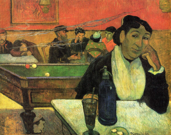 Paul Gauguin – Café in Arles, das Innere eines Cafés mit Billardtisch und einer Gesellschaft im Hintergrund, Ölgemälde Reproduktion