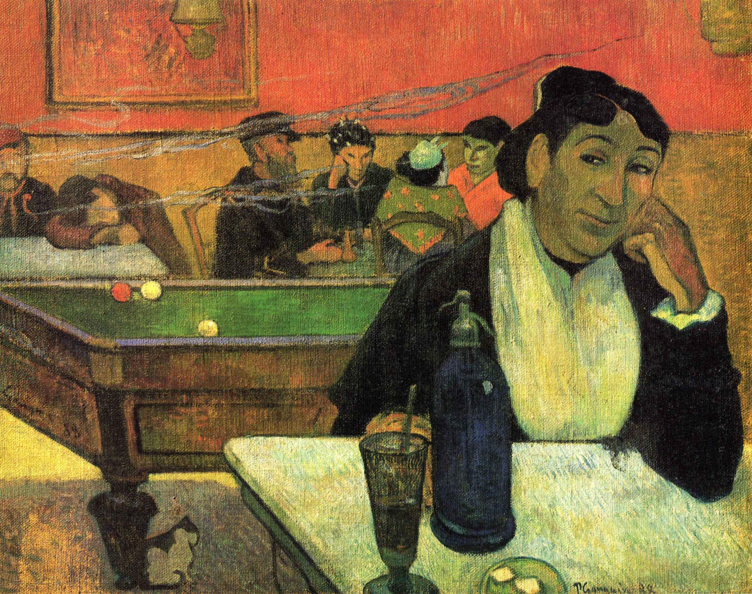 Paul Gauguin – Café in Arles, das Innere eines Cafés mit Billardtisch und einer Gesellschaft im Hintergrund, Ölgemälde Reproduktion