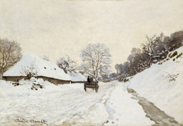 Claude Monet – Der Karren auf der verschneiten Straße bei Honfleur – handgemaltes Ölgemälde, Reproduktion auf Leinwand