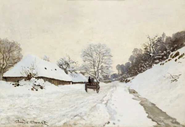 Claude Monet - Voz na zasneženi cesti pri Honfleurju - ročno slikana umetniška slika - olje na platnu