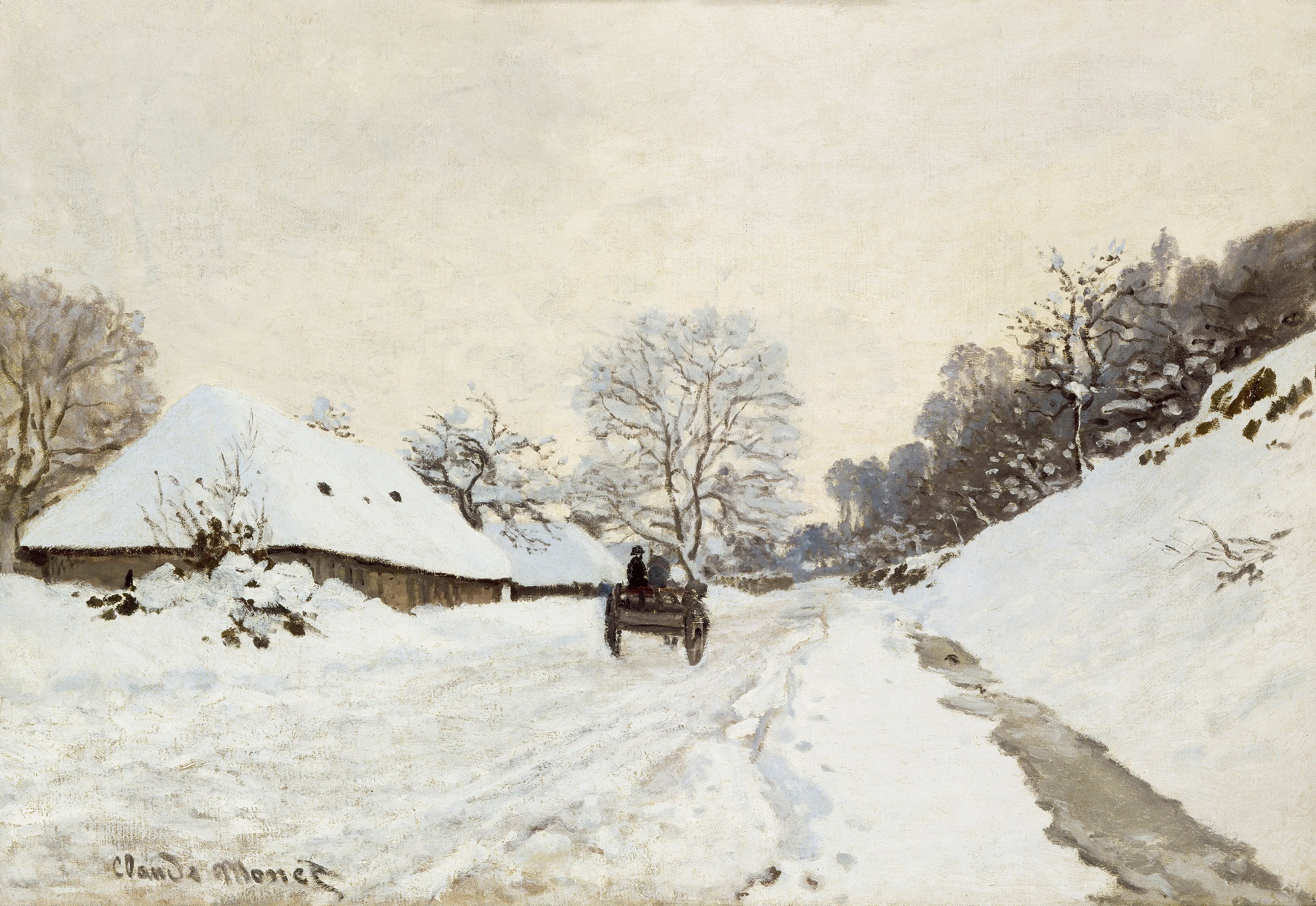 Claude Monet - A Cart on the Snowy Road at Honfleur - oil painting reproduction on canvas - hand-painted
