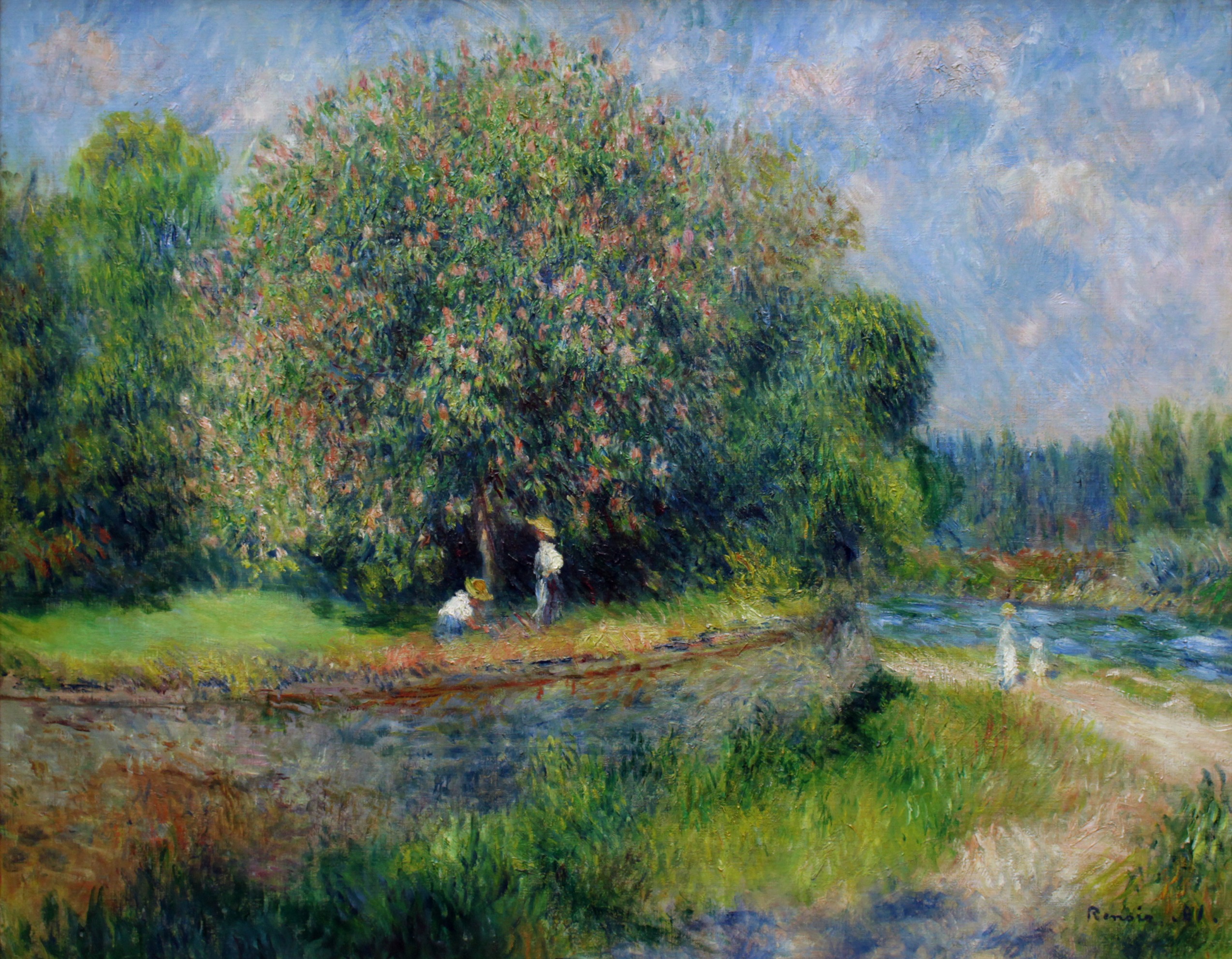 Chestnut Tree in Blossom, a tree in full flower above water and a path with small figures – hand-painted oil reproduction of Renoir’s painting