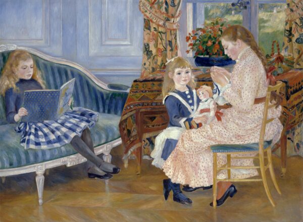 Children’s Afternoon at Wargemont, three girls in a bright drawing room, one reading, one holding a doll, one sewing – hand-painted oil reproduction of Renoir’s painting