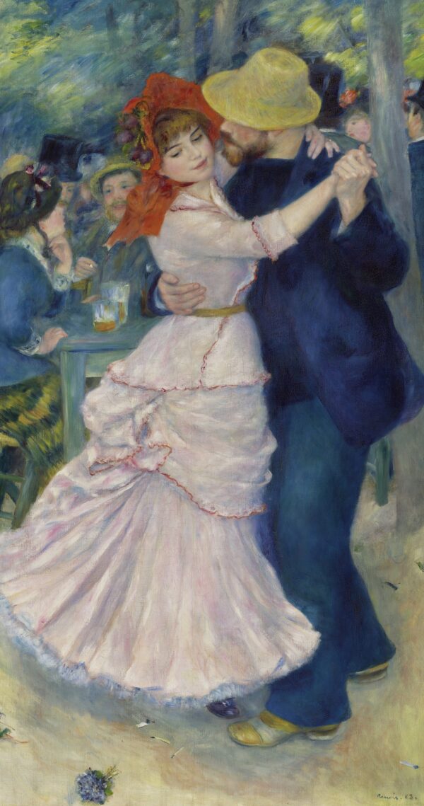 Dance at Bougival, a couple dancing under trees, the woman in a white dress with a red bonnet and the man in a straw hat – hand-painted oil reproduction of Renoir’s painting