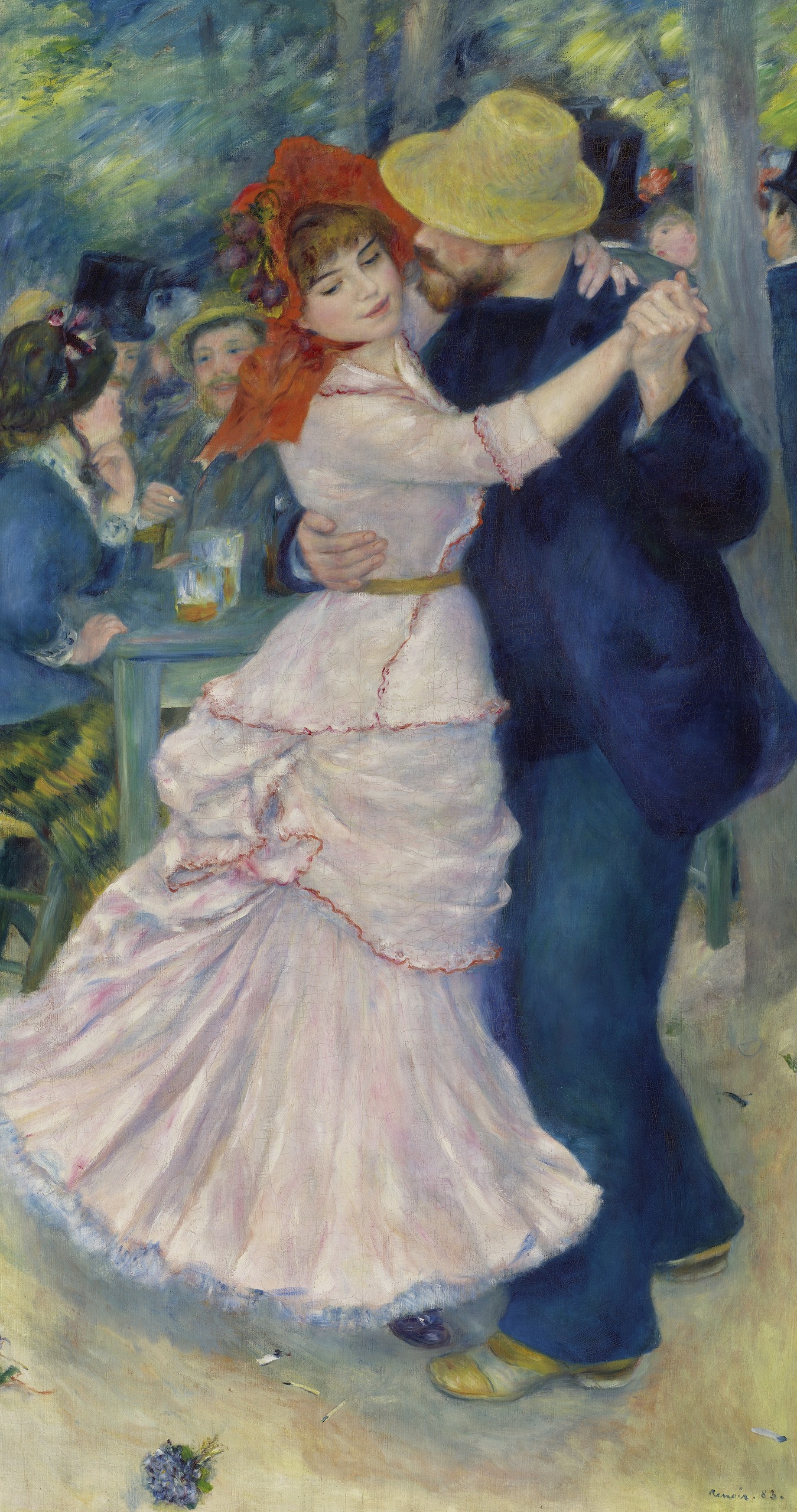 Dance at Bougival, a couple dancing under trees, the woman in a white dress with a red bonnet and the man in a straw hat – hand-painted oil reproduction of Renoir’s painting