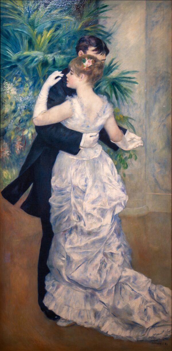 Dance in the City, a couple dancing in evening dress, the woman in pale satin with a train – hand-painted oil reproduction of Renoir’s painting