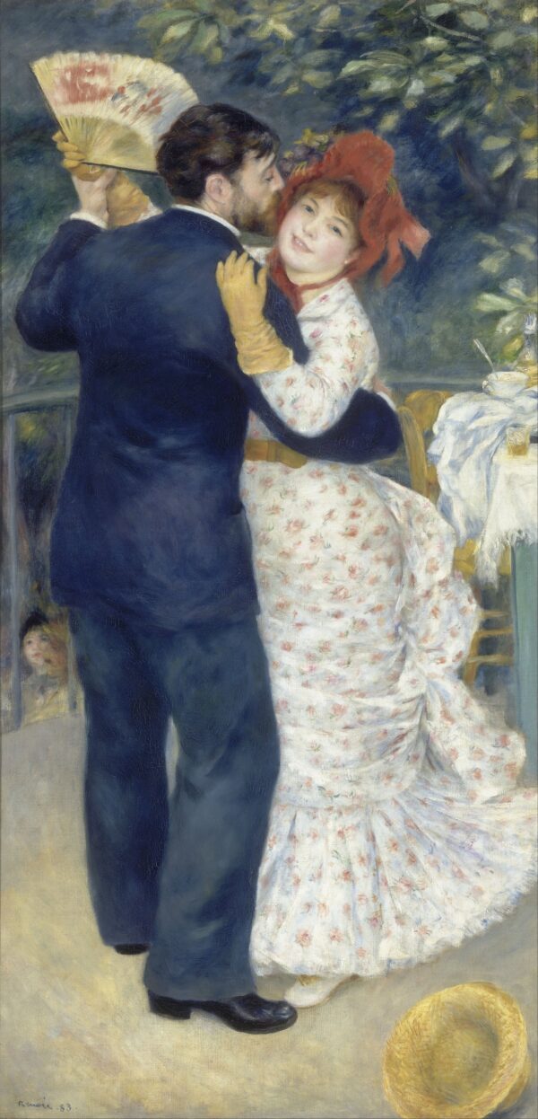 Dance in the Country, a couple dancing under trees, the woman in a flowered dress with a red bonnet and a fan – hand-painted oil reproduction of Renoir’s painting