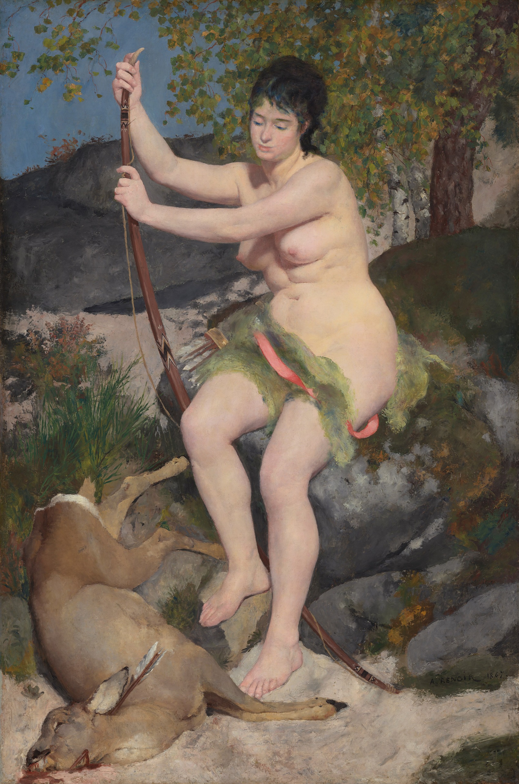 Diana, figura nuda seduta con arco e pelle animale verde, ai piedi un capriolo abbattuto – riproduzione a olio dipinta a mano del quadro di Renoir