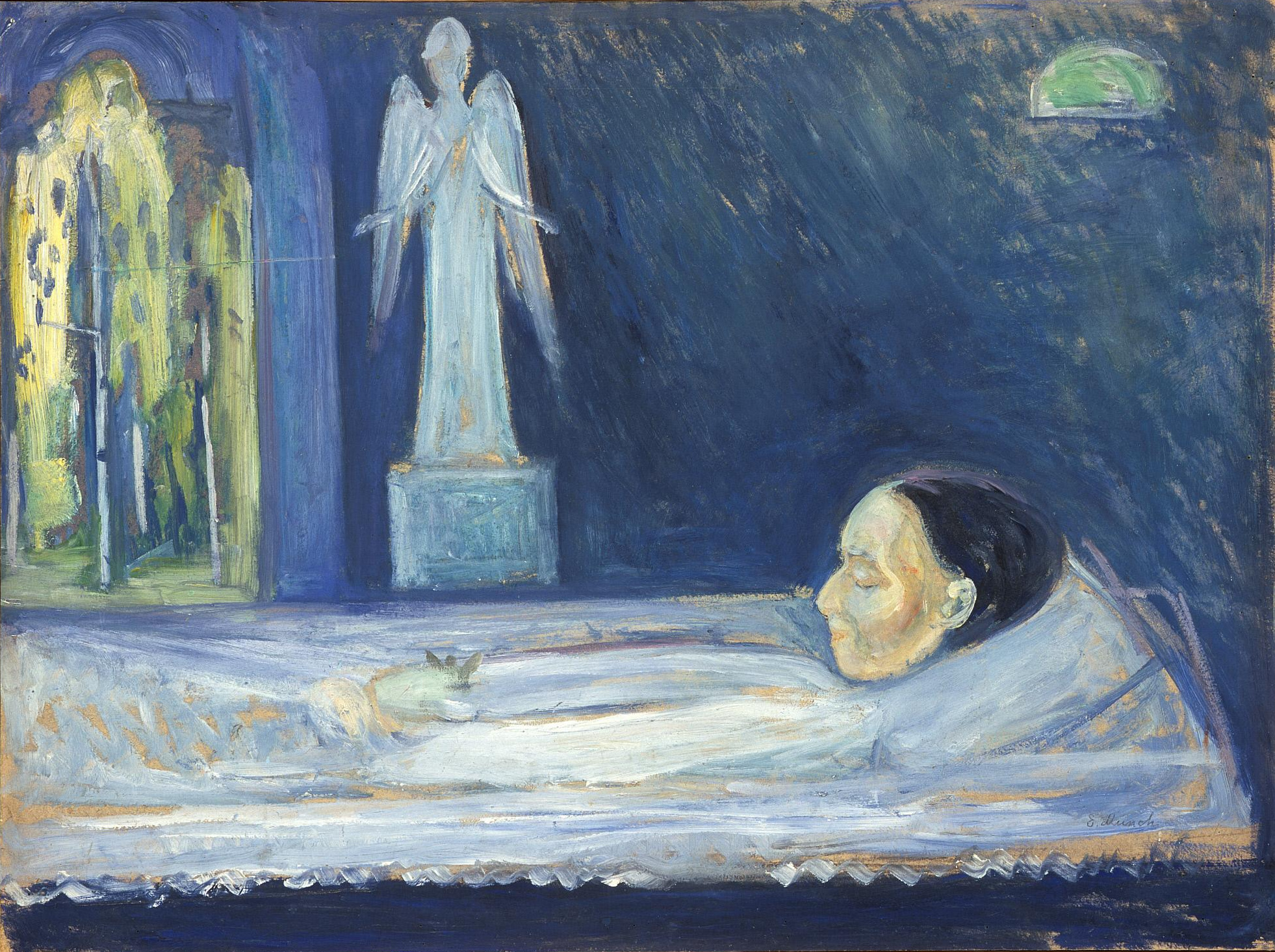 Edvard Munch, Der Todesengel: in einem tiefblauen Zimmer liegt eine Frau mit geschlossenen Augen unter einem weißen Tuch auf einem Bett, dahinter steht auf einem Sockel eine blassblaue Engelsfigur mit ausgebreiteten Flügeln, links öffnet sich eine helle Öffnung mit grünem Laub; handgemalte Reproduktion.