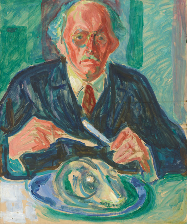 Edvard Munch, Autoportret s glavom bakalara na tanjuru: stariji muškarac bijele kose i crvenkasta lica sjedi za stolom u tamnom sakou s crvenom kravatom, pred njim na tanjuru velika riblja glava; ručno naslikana reprodukcija.