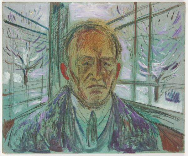 Edvard Munch, Self-Portrait on the Glass Veranda: the painter's large head among green window frames, with bare trees and violet strokes on the glass behind; hand-painted reproduction.
