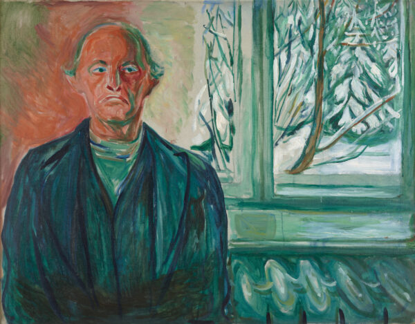 Edvard Munch, Self-Portrait by the Window – hand-painted on canvas: the painter in a dark coat by a window, snowy trees outside.