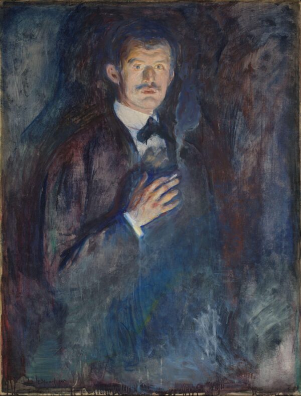 Edvard Munch, Selbstbildnis mit Zigarette – Halbfigurenbildnis: der Maler im dunklen Anzug mit erhobener Hand und brennender Zigarette, das Gesicht von unten beleuchtet; handgemalte Reproduktion.