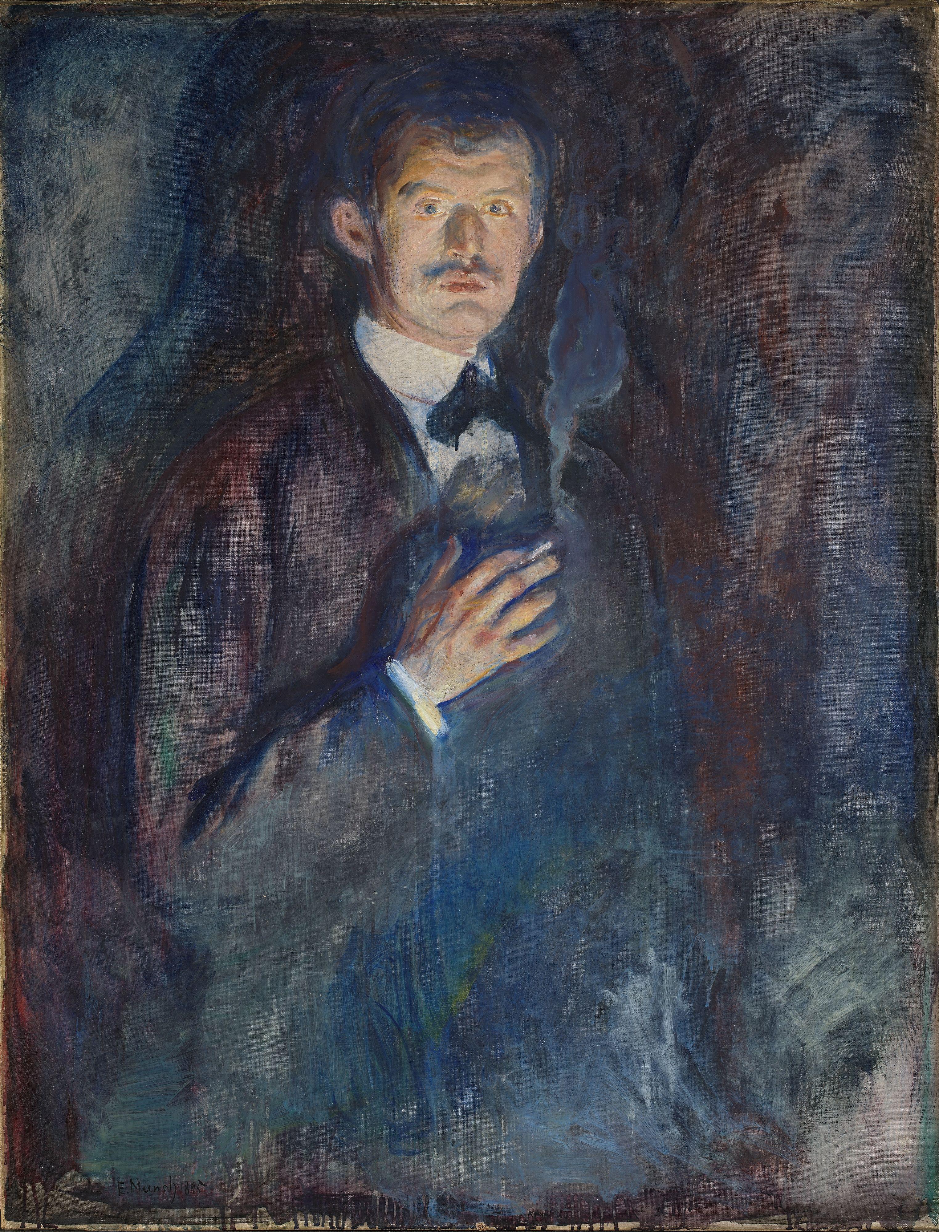 Edvard Munch, Self-Portrait with Cigarette – half-length portrait: the painter in a dark suit with a raised hand and a burning cigarette, his face lit from below; hand-painted reproduction.