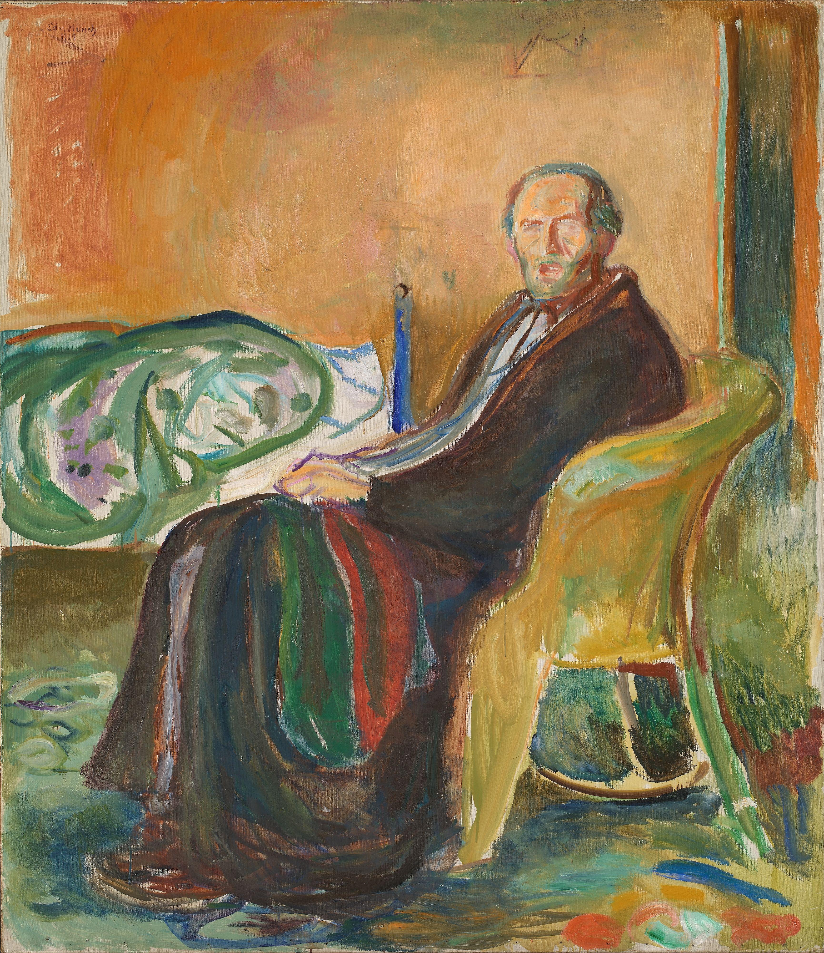 Edvard Munch, Selbstbildnis mit der Spanischen Grippe: der Maler mit eingefallenem Gesicht und geöffnetem Mund sitzt in einem Korbsessel, in einen dunklen Mantel gehüllt, eine Decke über den Beinen, dahinter ein zerwühltes Bett und eine warme Ockerwand; handgemalte Reproduktion.