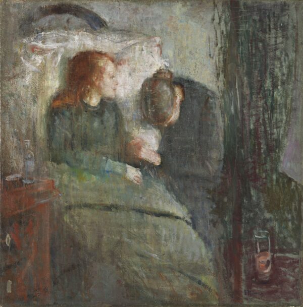 Edvard Munch, The Sick Child – sickbed scene: a pale girl against a large white pillow, a woman in black with bowed head holding her hand; hand-painted reproduction.