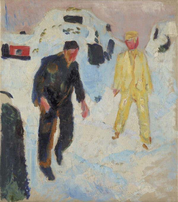 Edvard Munch, Black and Yellow Man in Snow: a man in a dark suit striding at the left, a man in a yellow suit standing at the right, deep snow with blue shadows around them; hand-painted reproduction.