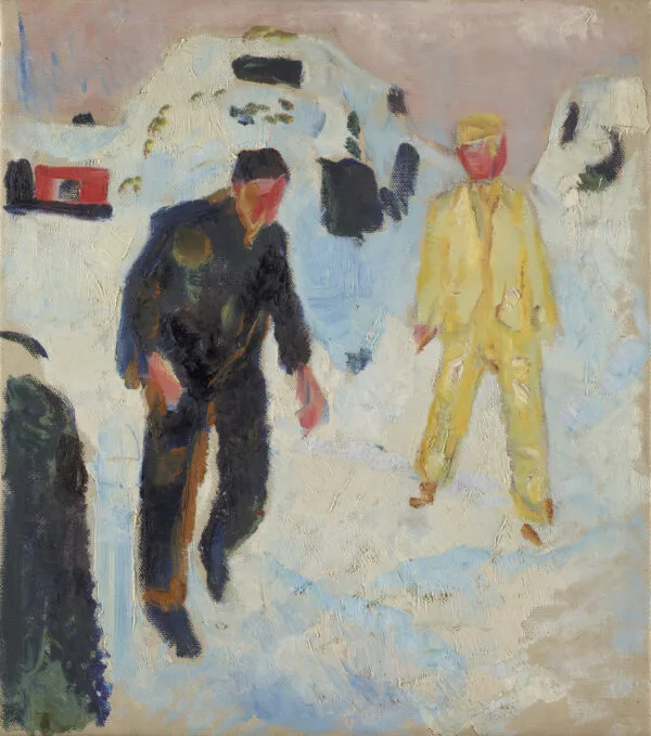 Edvard Munch, Uomo nero e uomo giallo nella neve: un uomo in abito scuro avanza a sinistra, un uomo in abito giallo sta a destra, intorno neve alta con ombre azzurre; riproduzione dipinta a mano.