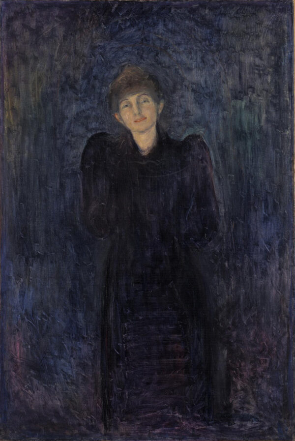 Edvard Munch, Dagny Juel Przybyszewska: mlada žena u tamnoj haljini do poda stoji u punoj figuri pred duboko plavom pozadinom, blijedo lice jedini je topli ton; ručno naslikana reprodukcija.